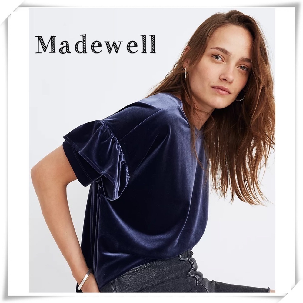 Madewell Velvet Ruffle-Sleeve Tee in Midnight Blue
